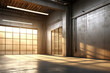 Factory or warehouse or industrial building. Protection with roller door or roller shutter. Modern interior design with concrete floor, steel wall and empty space for industry background.