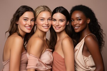 Wall Mural - Close-up studio portrait of four cheerful young diverse multiethnic women. Female models smiling at camera while posing together. Diversity, beauty, friendship concept. Beige monochrome background.