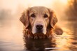 Sad and curious golden labrador retriever dog standing in water
