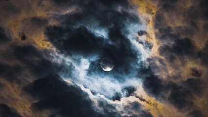Wall Mural - time lapse of full moon in the clouds. clouds look like smoke from a fire. black and yellow colours.