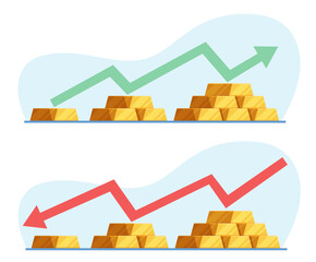 Rise or fall in value of gold. Red and green rate indicators with up and down arrows. Stack of metal bars. Stock market exchange and savings. Cartoon isolated vector investment concept