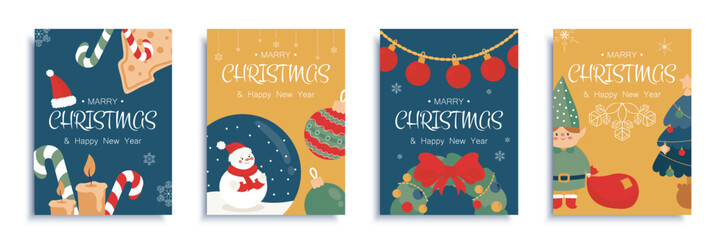 Merry Christmas 2024 cover brochure set in flat design. Poster templates with candy canes, cookies, candles, snowman in Santa Claus hat, wreath, elf with gift, New Year decor. Vector illustration.