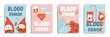 Blood donor cover brochure set in flat design. Poster templates with cute drop characters, test tubes with der liquid, droppers, cells, medical gloves, other symbols of donation. Vector illustration.