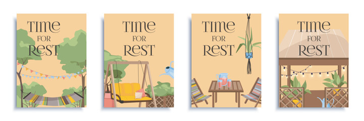 garden rest cover brochure set in flat design. poster templates with relax at backyard with hammock,
