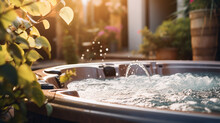 A bubbling hot tub in a backyard. ai generative
