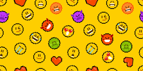 Pixel seamless pattern on yellow background. Vector 8 bit cute emoticon and face expressions. Funny emoticons with laugh, love emotion, devil, angry, crazy and smile in pixel pattern