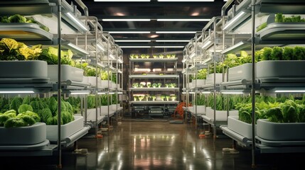 Organic hydroponic Brassica chinensis vegetable grow with LED Light Indoor farm,Agriculture Technology. AI generated image