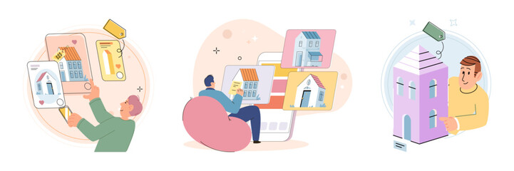 Wall Mural - Buying and choosing housing. Vector illustration The estate agent assisted in securing mortgage loan The apartment was available for rent at affordable price The sale property attracted several