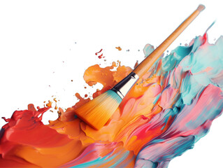 Wall Mural - A solitary paintbrush with colourful and orange paint splashing against a transparent backdrop, evoking creativity.