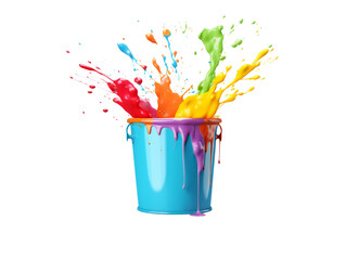 Sticker - Illustration of a bucket dropped on the floor splashing vibrant colours all over the place. Transparent background.