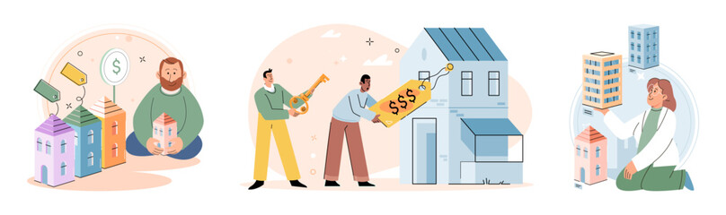 Wall Mural - Buying and choosing housing. Vector illustration The property market offered diverse investment opportunities The mortgage rate influenced buyers decision The apartment complex had amenities for rent