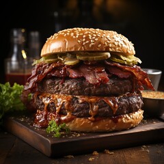 Wall Mural - A photo of Bacon burger with beef patty on dark wooden table Generative AI