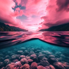 Wall Mural - Half underwater shot, half clear turquoise water and sunny pink sky with clouds. Tropical ocean. Beautiful seascape.