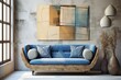 Blue and beige loveseat sofa near window against concrete wall with art poster. Loft home interior design of modern living room, Generative AI