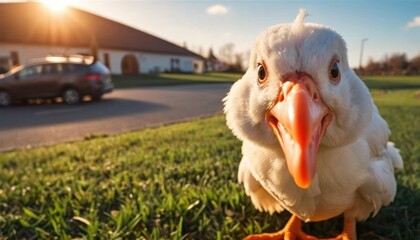  a close up of a duck on a grass field near a house with a car parked on the side of the road in front of it and a house in the background.