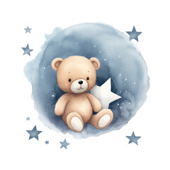 Wall Mural - Watercolor illustration brown teddy bear, moon, stars, png