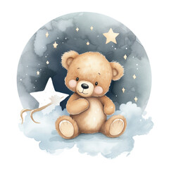watercolor illustration brown teddy bear on the cloud, moon, png
