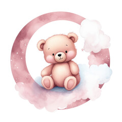Wall Mural - Watercolor illustration brown teddy bear on the cloud, moon, png