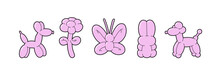 Balloon Animals Collection And Bubble Sticker. Dog Flower Butterfly Bunny Poodle In Trendy Retro Y2k Style.