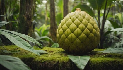  a large green object sitting on top of a moss covered log in the middle of a forest filled with lots of trees and greenery, with lots of leaves.