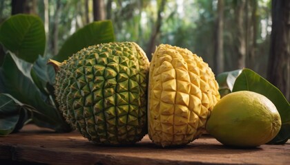  a group of pineapples sitting on top of a wooden table next to two lemons and a green leafy area in the back of the picture is a forest.