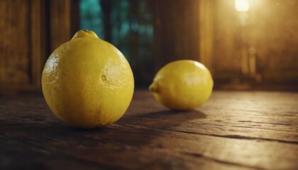  two lemons sitting on a wooden table in a room with sunlight coming through the window and a light shining on the wall behind the two of the two lemons.