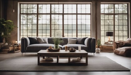 Wall Mural - Rustic aged barn wood coffee table near grey sofa against big grid windows. Farmhouse home interior