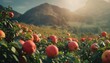  a field filled with lots of ripe peaches on top of a lush green grass covered hillside with mountains in the distance in the distance is a bright sun shining on the horizon.