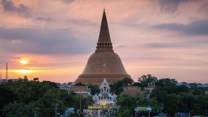 Wall Mural - Majestic golden pagoda of Phra Pathom Chedi with colorful sunset sky in downtown at Nakhon Pathom