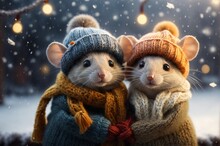 Two Cute Mices In Knitted Hats And Scarves Hugging Each Other Under Falling Snowflakes. Concept Of Love, Friendship, Family, Valentine's Day. AI Generated