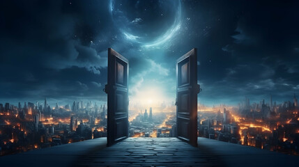 Wall Mural - opened door on city unknown and start up concept,generated ai