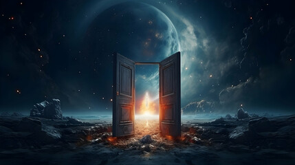 Wall Mural - opened door on space unknown and start up concept,generated ai