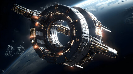 Wall Mural - orbital station concept, spacecraft with artificial gravity wheel in outer space