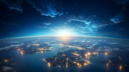 Wall Mural - panoramic view on planet earth globe from space. glowing city lights,generated ai