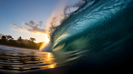 Wall Mural - perfect tropical blue ocean surfing wave in sumatra,generated ai