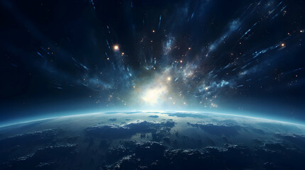 Wall Mural - planet earth spin moon orbit space sun beam glow. star open galaxy constellation satellite,generativ