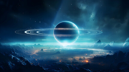 Wall Mural - bright luminous planet with rings on the outer space.,generative ai.