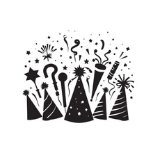 Happy New Year Party Hats And Noisemakers Silhouette - Minimalist Celebration Art Party Hats Black Vector
