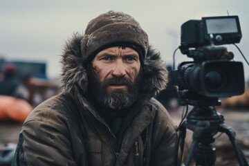 Wall Mural - A photograph of a man with a beard wearing a brown jacket. This image can be used in various contexts to depict masculinity, fashion, style, or casual attire.