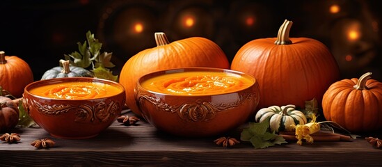 Aufkleber - Pumpkin soup presented in hollowed out pumpkins copy space image
