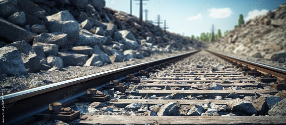 Railway junctions with track ballast train tracks and crushed stones create an industrial landscape for heavy industry copy space image