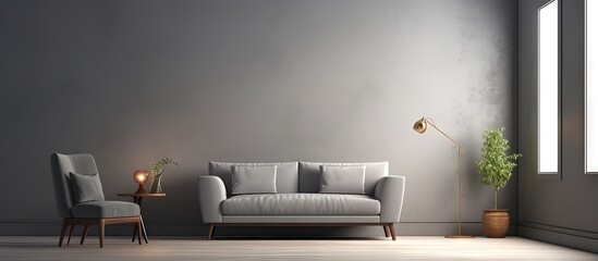 Poster - Relaxation room long cozy grey with sofa armchair and table copy space image