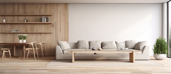 Poster - Modern wooden table and spacious living room in a new home interior design copy space image
