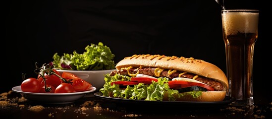 Poster - Sub sandwich and coke on table focused and space for copy copy space image