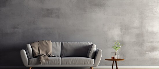 Poster - Relaxation room long cozy grey with sofa armchair and table copy space image