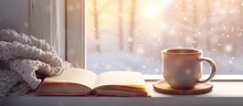 Snowy Landscape Seen From Inside Through A Vintage Windowsill With A Hot Mug Of Tea And An Open Book On A Warm Plaid Copy Space Image