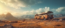 Rustic Bus In Post Apocalyptic Mountains Copy Space Image