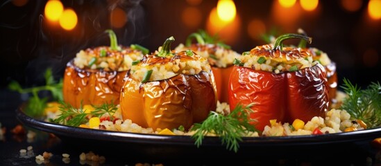 Wall Mural - Stuffed bell peppers with rice and mushrooms roasted copy space image