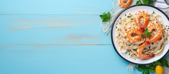 Aufkleber - Mediterranean pasta with creamy seafood and prawns on blue table copy space image