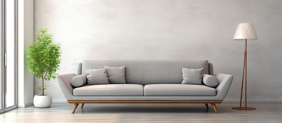 Poster - Spacious high end home with a gray midcentury loveseat copy space image